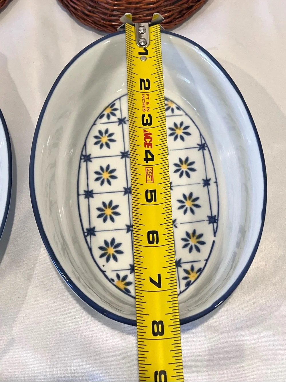 Blue Yellow Floral Ceramic Dishes Set of 3 Wicker Baskets